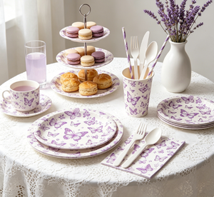 Vaisselle <span class=keywords><strong>de</strong></span> fête jetable épaisse à imprimé papillon et motif floral violet vintage français - Product Image 2