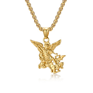 Vintage stil <span class=keywords><strong>St</strong></span> <span class=keywords><strong>Michael</strong></span> <span class=keywords><strong>Archangel</strong></span> titanyum çelik kolye dini vakum elektroliz altın niş kişiselleştirilmiş erkek takı