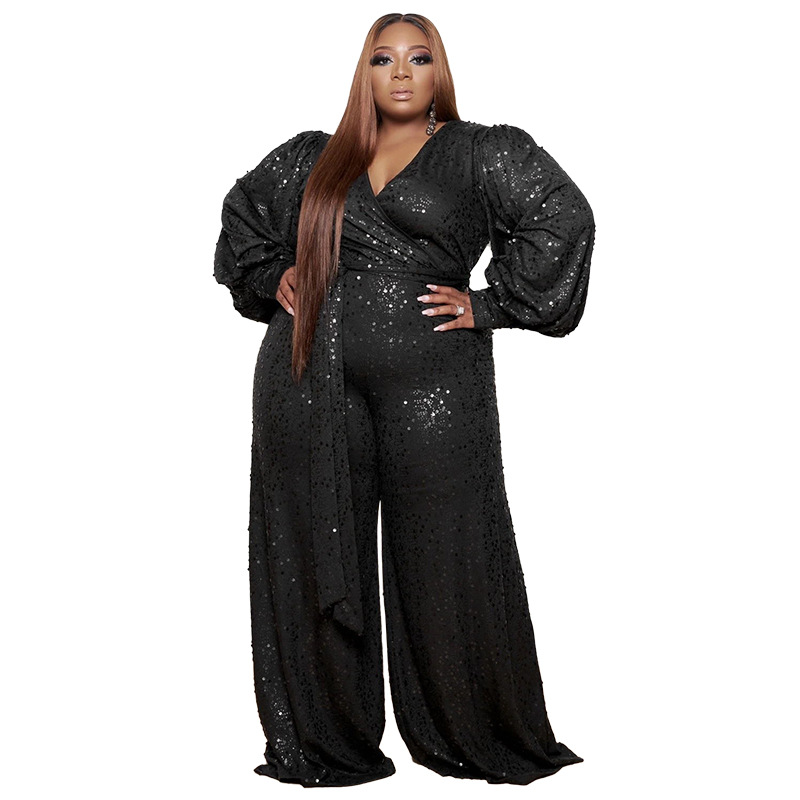 R12630S женская одежда большого размера 4XL Модный Блестящий Свободный комбинезон с V-образным вырезом и длинными рукавами с широкими штанинами