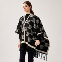 Jacquard Lettre Couverture Châles Pashmina Châle Dames Ouvert Avant Noir Longue Écharpe avec Frange Chaud Pashmina Écharpe