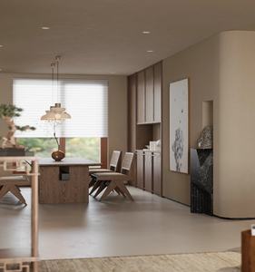 Îlot de cuisine moderne en bois à lattes rainurées, armoires de finition, construction en panneaux de mélamine, finition laquée, crédence, appartement - Product Image 2