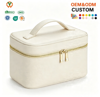Tas Kosmetik Travel Portabel Kapasitas Besar Logo Kustom Ritsleting Ganda Kulit PU Tas Makeup Fashion untuk Wanita