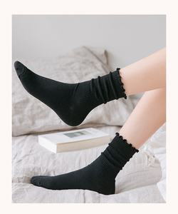 Chaussettes pour femmes, chaussettes pour femmes mignonnes à double aiguille de couleur unie à volants avec bords volantés chaussettes douces - Product Image 6