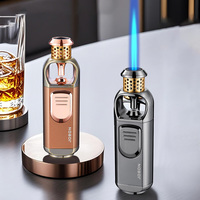 Briquet torche à flamme bleue coupe-vent rechargeable en métal au butane pour cigare, logo personnalisé, cadeau pour homme, vente en gros