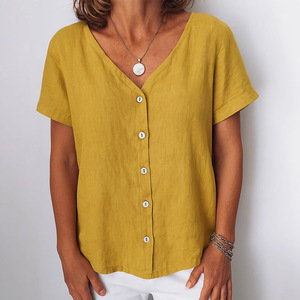 Nueva Blusa Cárdigan <span class=keywords><strong>de</strong></span> Poliéster <span class=keywords><strong>para</strong></span> Mujer, Estilo Casual <span class=keywords><strong>de</strong></span> Verano, Manga Corta, Cuello en V, con Botones, Color Sólido, Colección 2025 - Product Image 4