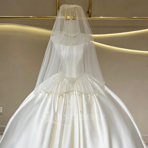 JFH141 Vestido de Novia Moderno y Elegante con Escote Redondo, Corsé de Satén, Perlas, Falda Larga Abullonada, Cinturón, Flores y Apliques de Cristal - Product Image 4