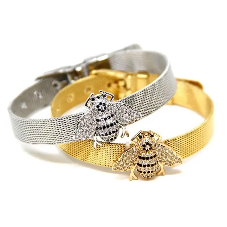 HorizonStainless Steel Fashion Gold Clear Rhinestones Bee Evil Eyes Charm Stretch Mesh Belt Buckle Bracelet Bangles