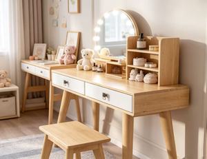 Scandinavian Solid Birch <b>Makeup</b> <b>Vanity</b> With Mirror And Storage Drawers For Bedroom - Product Image 2