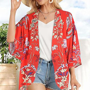 Cardigan <span class=keywords><strong>Kimono</strong></span> con maniche a bolle con stampa floreale da <span class=keywords><strong>donna</strong></span> con copertina ampia <span class=keywords><strong>camicia</strong></span> Casual Top - Product Image 2