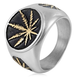 yunnique Men's Stainless Steel <b>Ring</b> With Gold Leaf Design Plant Pattern Jewelry Gift For Men - Product Image 1