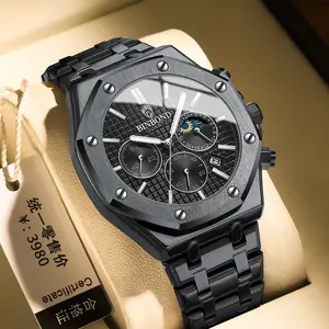 Đồng hồ nam cổ tay biểu tượng tùy chỉnh OEM thiết kế thép không gỉ đa chức năng luxurs uhr chống nước mặt trăng xem orologio Uomo