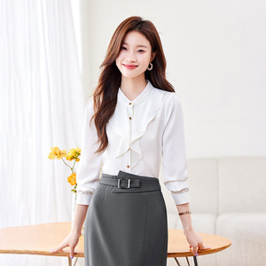 White Ruffled Blouse Women Chiffon Long Sleeve Solid Color Work Shirt Professional Office Wear Spring Autumn Style - Product Image 3