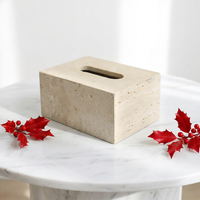 Boîte à mouchoirs personnalisée en résine OEM, ronde, beige, en polyrésine, imitation pierre de travertin, pierre de grès, support de papier de table, fabricant pour hôtels