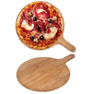 Toptan fiyat premium peel paddle döner kesme tahtası 40 cm 15 inç bambu ahşap elyaf pizza kesme tahtası kolu ile