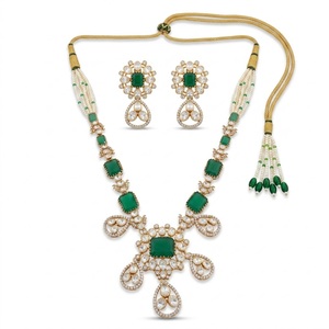 925 Silver Traditional Green Stone Kundan <b>Necklace</b> Set With Earrings Bridal Wedding Jewelry Pearl Mala Set For Women - Product Image 1