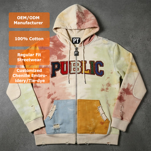 ผู้ผลิตเสื้อผ้า ODM/OEM รับผลิตเสื้อฮู้ดดี้แบบสวมหัว ยูนิเซ็กซ์ ผ้าฝ้าย 100% ปักลายเชนีล แต่งย้อมสีแบบไทได ซิปหน้า สไตล์ดิสเทรส - Product Image 1