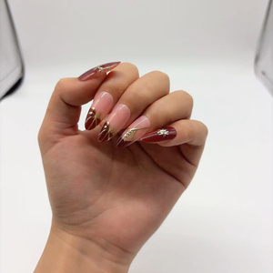 Ongles à presser en ABS <span class=keywords><strong>de</strong></span> luxe rouges pailletés style French Manucure, <span class=keywords><strong>faux</strong></span> ongles nude amande avec motifs dorés, réutilisables, 24 pièces - Product Image 2