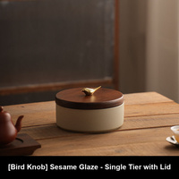 Vogelknop-deksel keramische snackdoos 16cm stapelbare noten- en snoepserver met houten draagrek één, twee of drie lagen cadeauset