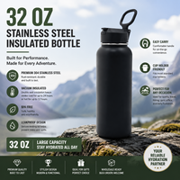 Bouteille d'eau isotherme Jiahe Premium noire 32oz en acier inoxydable à double paroi avec couvercle à poignée de transport flexible et design sportif