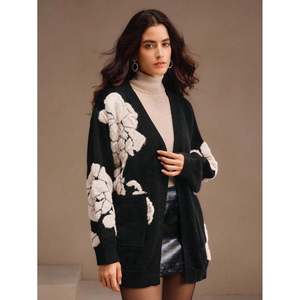 Cárdigan de Punto para Mujer, Color Negro, con Estampado Floral Jacquard, Manga Larga, Corte Holgado, para Otoño - Product Image 3