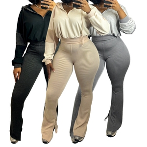 Conjunto Casual de 2 Piezas para Mujer, Sudadera con Capucha de Rayas Trenzadas y Pantalones Acampanados, Sudadera Colorida con Diseño Combinado - Product Image 1