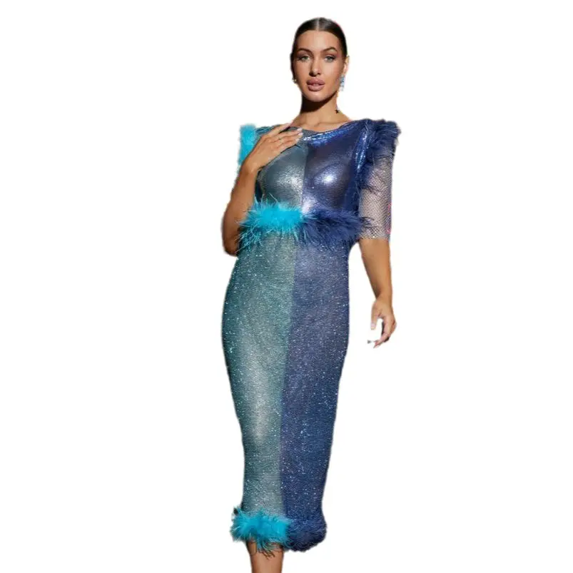 High Quality Blue Ostrich Feather Rhinestone Mesh Long Dress Women Aluminium Fabric Half and Half Birthday Evening Party Dress