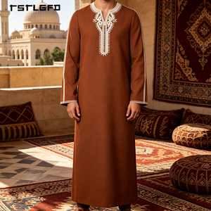 <b>Men</b> Camel Brown <b>Thobe</b> Ethnic Embroidery V-Neck Half Sleeve Loose Full-Length Moroccan Djellaba Islamic Modest Casual Robe - Product Image 2