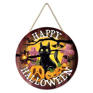 Letrero Redondo de Madera para Colgar en la Puerta de Halloween, Decoración de Halloween con Letras Impresas, Calabaza Espeluznante, Gato Negro, Bruja, Decoración de Pared - Product Image 3