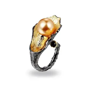 Freshwater Pearl 925 Sterling Silver Jewelry Ring with Black Gold Plated