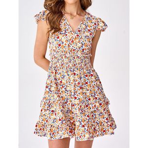 FOXA Robe d'été pour femme à imprimé floral, col en V, manches à volants, mini-robe superposée, taille élastique, robe décontractée coupe trapèze - Product Image 4