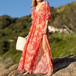 फैक्टरी डिजाइन बोहेमियन प्रिंट गहरा v लघु आस्तीन स्लिट मैक्सी ड्रेस कस्टम 100% रेयन वॉइल बीच पोशाक - Product Image 2