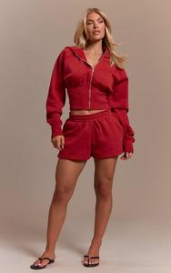Cropped Zip Up Cinched Waist Women Long Sleeve Unbrushed Hoodies With Matching Shorts Sustainable 2 Pieces Tracksuit - Product Image 2