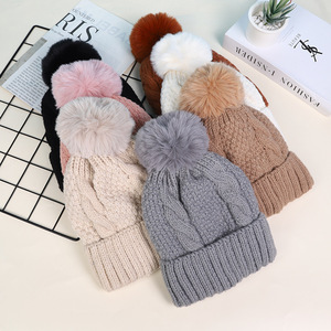 Chapeau d'hiver en tricot jacquard brodé avec <span class=keywords><strong>pompon</strong></span>, couronne arrondie - Chapeau polyvalent chaud de couleur unie pour <span class=keywords><strong>femme</strong></span> adulte, doublé en polaire - Product Image 1