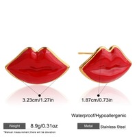Boucles d'oreilles clous en acier inoxydable plaqué or 18 carats avec bouche rouge pour femmes, cadeau E777