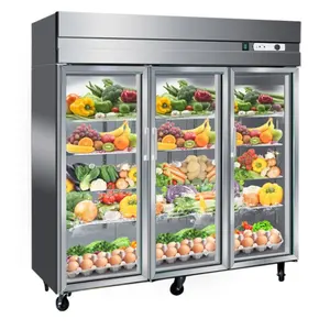 Réfrigérateur et congélateur de cuisine Commercial, 1 pièce, affichage à 3 portes en verre, en acier inoxydable, équipement de réfrigération