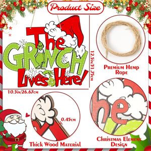 Panneau de porte de Noël en bois « Le Grinch habite ici », décoration murale de Noël, style traditionnel, en buis, forme irrégulière - Product Image 2