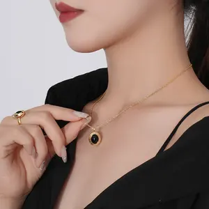 Elegant Luxury 925 Sterling Silver 18K Gold Plated Oval Cut Black Onyx Agate Gemstone Bead Pendant Necklace