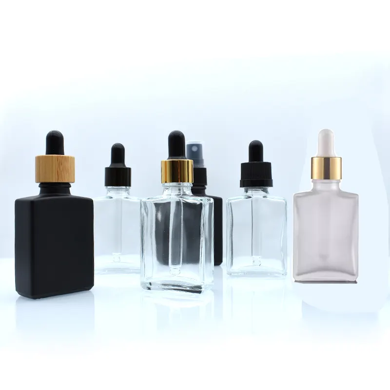 Rechthoekige Matte Zwarte Rechthoek Transparant Clear Frosted 30Ml Vierkante Glazen Etherische Olie Dropper Fles Met Goud Zilver Caps