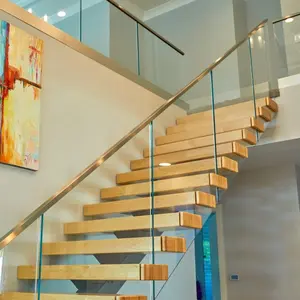 Marches en bois mono stringer intérieur en acier au carbone de haute qualité avec lumières led, escaliers droits en forme de L avec balustrade en verre
