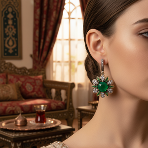 Fleur ronde émeraude CZ authentique pouf boucles d'oreilles turc fait à la main en gros 925 bijoux en argent Sterling - Product Image 3