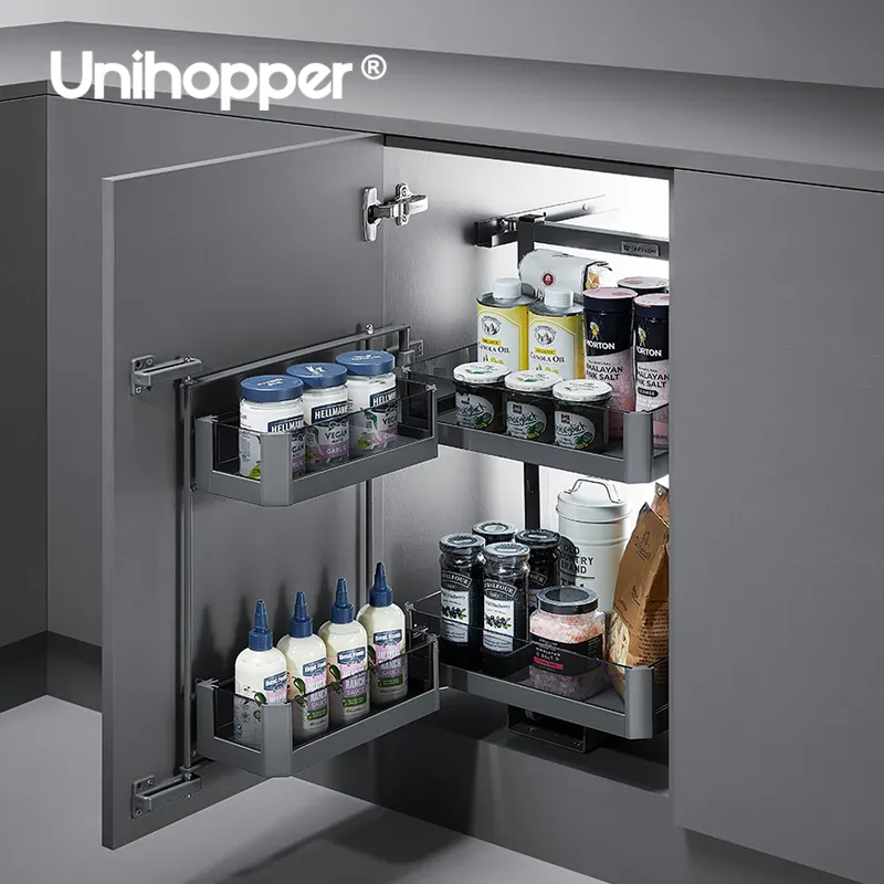 Unihopper Pantom Série 2 Camadas Cozinha Armazenamento macio Despensa Unidade Organizador Cesta giratória de vidro Pull Out