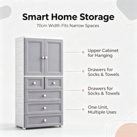 Armoire en plastique gris de 70 cm de large avec tringle de suspension et 4 tiroirs, meuble de rangement autoportant pour vêtements de chambre à coucher