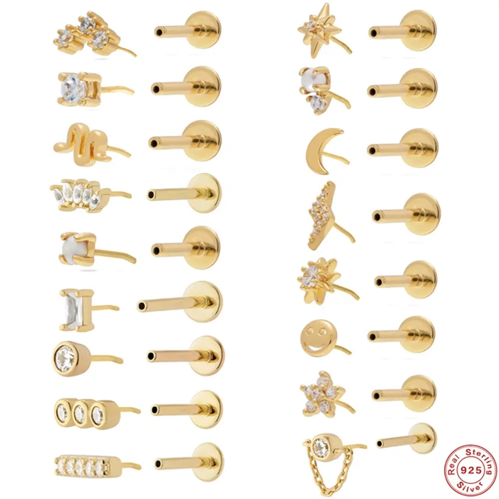 R. Đá Quý. 18g đẩy Pin phẳng trở lại nhỏ sụn studex xuyên 925 Sterling Bạc Nap phẳng trở lại Stud Bông tai