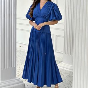 Vestidos Casuales Elegantes Azules con Cuello en V y Cordones en la Cintura Alta, Vestido Sexy con Mangas Abullonadas para Mujer - Product Image 1