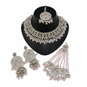 <b>Gold</b> Plated Pearl Bridal Engagement Shadow Choker Necklace <b>Set</b> Earrings Maang Tikka Ethnic Handmade High Quality Crystal - Product Image 2