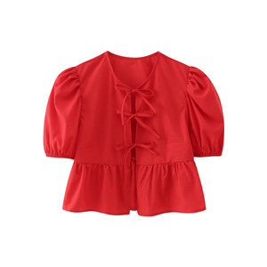 Camicette Vintage da Donna <span class=keywords><strong>con</strong></span> Collo Tondo, Maniche Corte, Lacci e Volant, Motivo Tinta Unita, Tessuto per Primavera Estate - Product Image 5