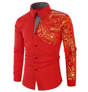 Chemises slim grande taille en coton à manches longues pour hommes, robe de soirée imprimée dorée, chemises à motifs de luxe personnalisés - Product Image 4