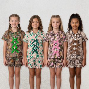 Ensemble de tenue 2 pièces camouflage mignon pour filles, haut à manches courtes et short avec volants à nœuds - Product Image 1