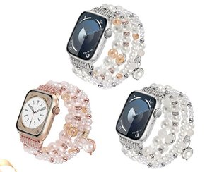 Bracelet intelligent de luxe perlé, style vintage, multi-rangs de perles pour <span class=keywords><strong>Apple</strong></span> <span class=keywords><strong>Watch</strong></span> Series 9/8/7/6/5/4/3/2/1/SE/<span class=keywords><strong>SE2</strong></span>/Ultra - Product Image 1