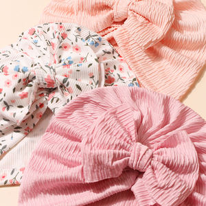 3 BH topi Beanie bayi baru lahir, hiasan kepala pita katun lembut motif bunga untuk anak-anak - Product Image 5